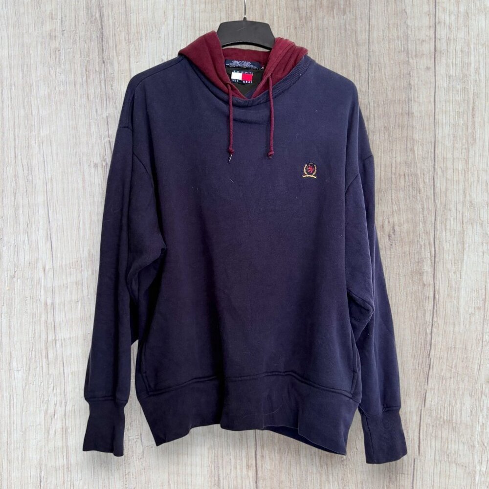 Vintage Tommy Hilfiger Crest Hoodie Rugby Striped Hood Colorblock Distressed L
